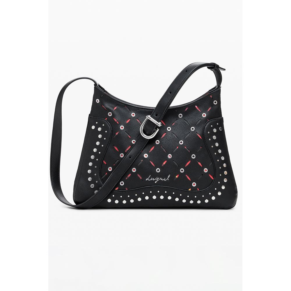 Desigual Black Polyethylene Women Handbag with edgy studded design and adjustable strap.