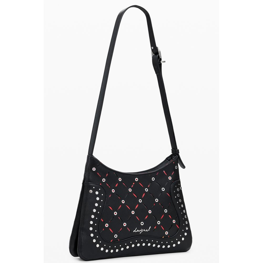 Desigual Black Polyethylene Women Handbag with stud details and adjustable strap.