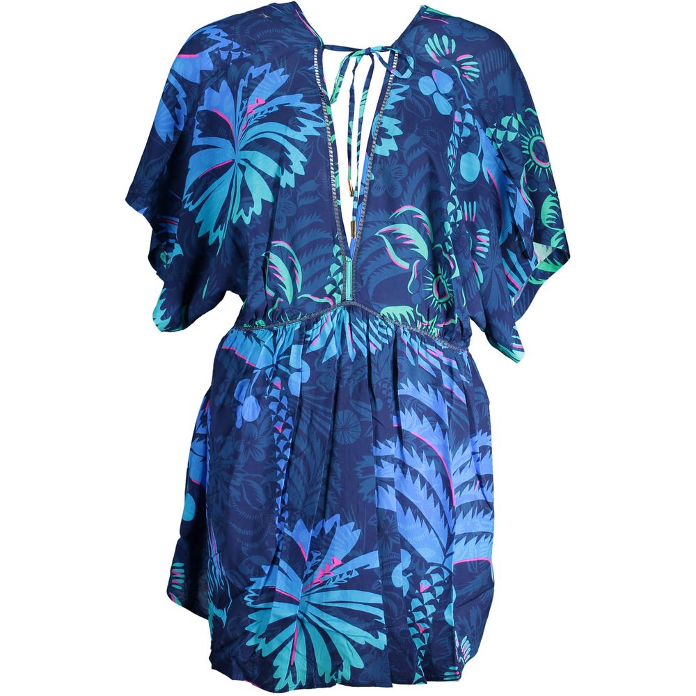 Desigual Blue Cotton Women Dress with V-neck, short sleeves, and elastic waist featuring tropical print.