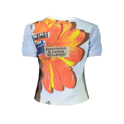 Back view of Desigual Blue Cotton Women T-Shirt with vibrant floral print and text details, featuring short sleeves and brand design.
