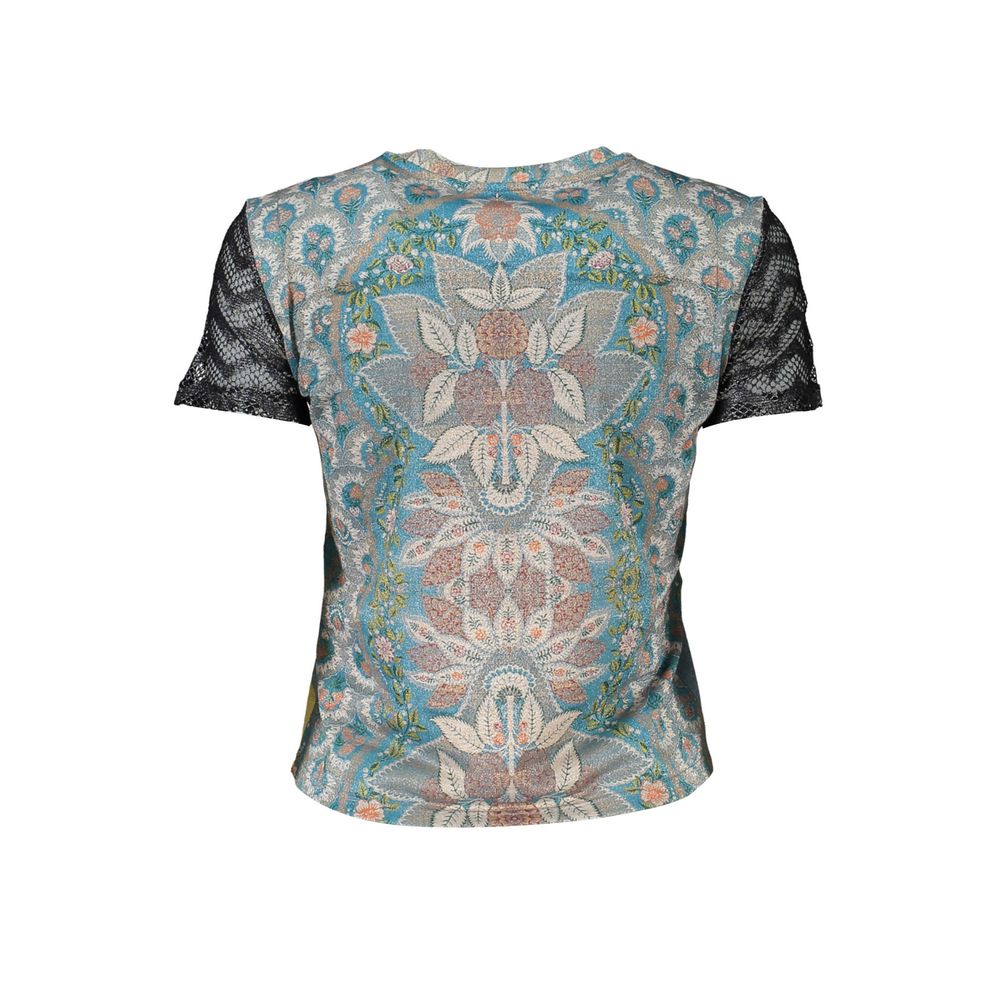 Desigual Blue Polyester Women T-Shirt with dynamic floral print and logo on the back