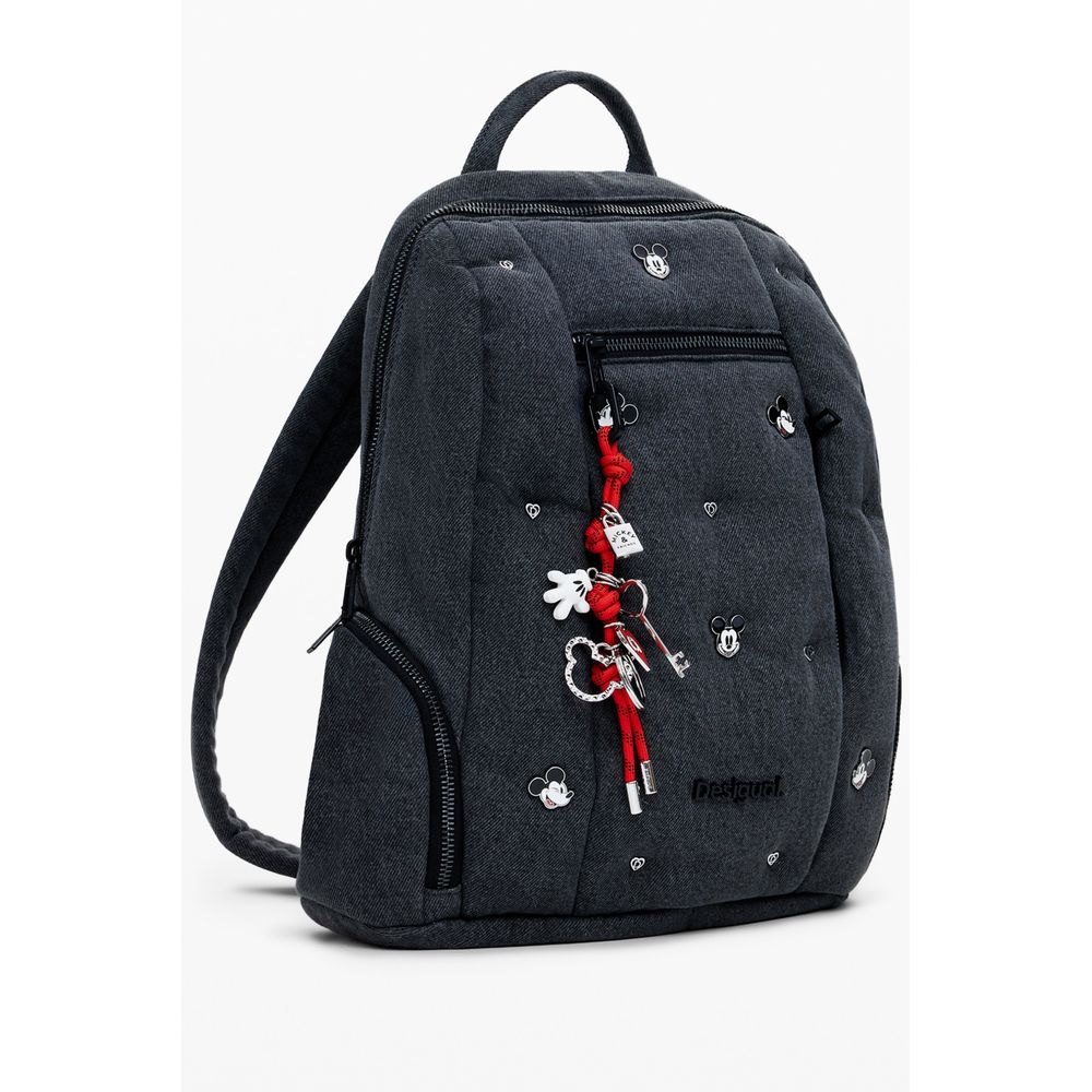 Desigual Gray Polyester Women Backpack with Mickey studs and multiple pockets, perfect for bold trendsetters seeking chic, functional style.