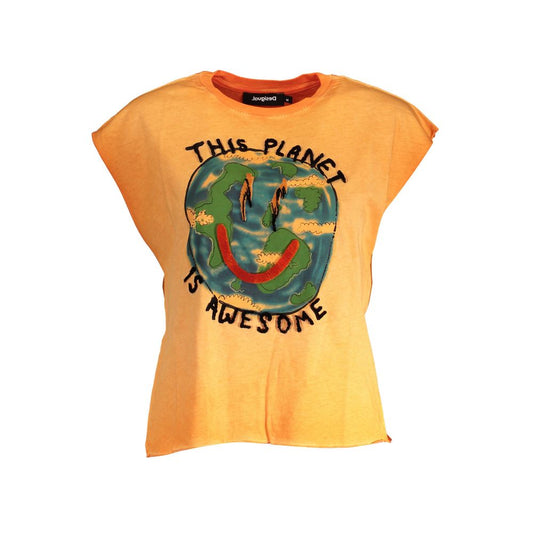Desigual Orange Cotton Women T-Shirt with bold planet print and short sleeves, capturing vibrant style and comfort.