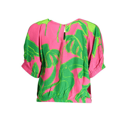 Desigual Pink Viscose Women Top with green leaf pattern, elastic waist, button back detail, and wide neckline.