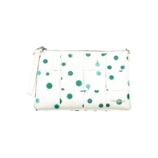 Desigual White Polyethylene Handbag with polka dots, removable chain shoulder handle, adjustable shoulder strap, logo, and compartments.