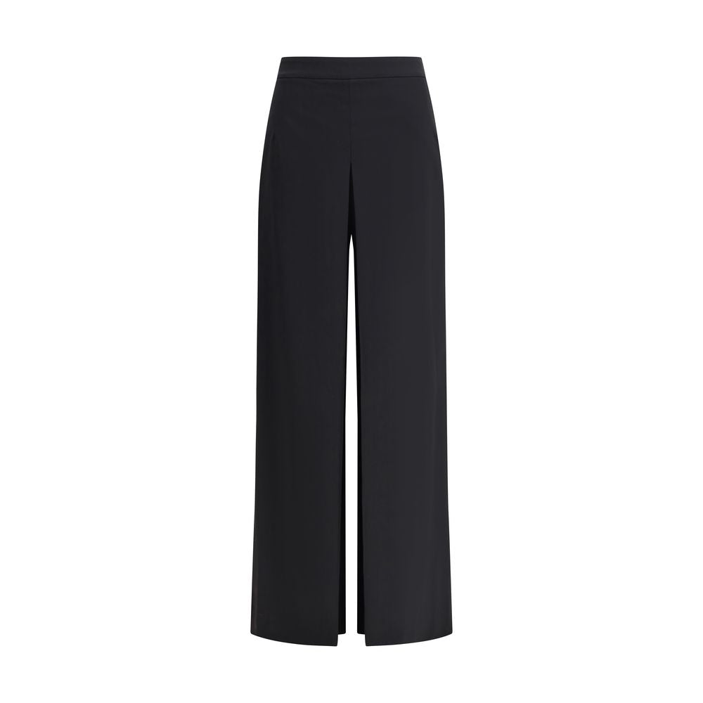 Di Stavnitser Black Polyester Casual Pants with wide leg and high waist, features sleek silhouette and invisible side zipper closure.