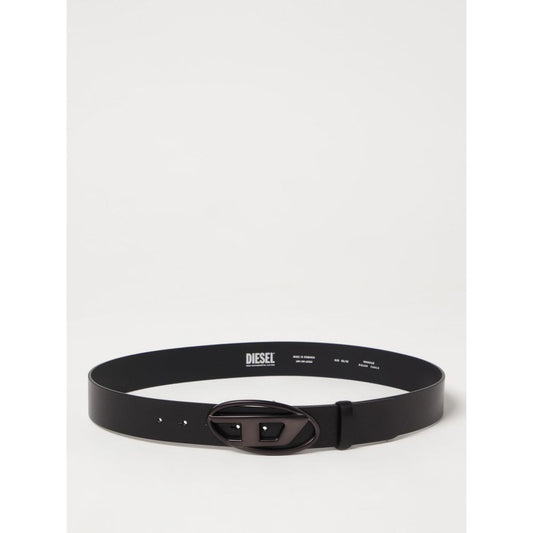 Diesel Black Leather Regular Belt with metal logo buckle, ideal for everyday wear and adding sophistication to any outfit.