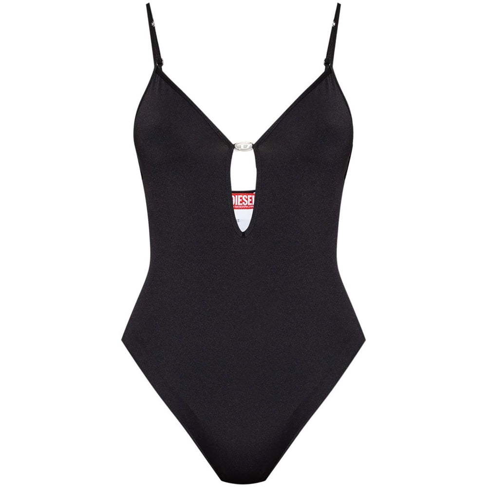 Diesel Underwear Black bodysuit with adjustable spaghetti straps and low back design, featuring an Oval-D cutout.