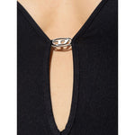 Close-up of Diesel Underwear Black bodysuit with oval-D detail, adjustable spaghetti straps, and low back.