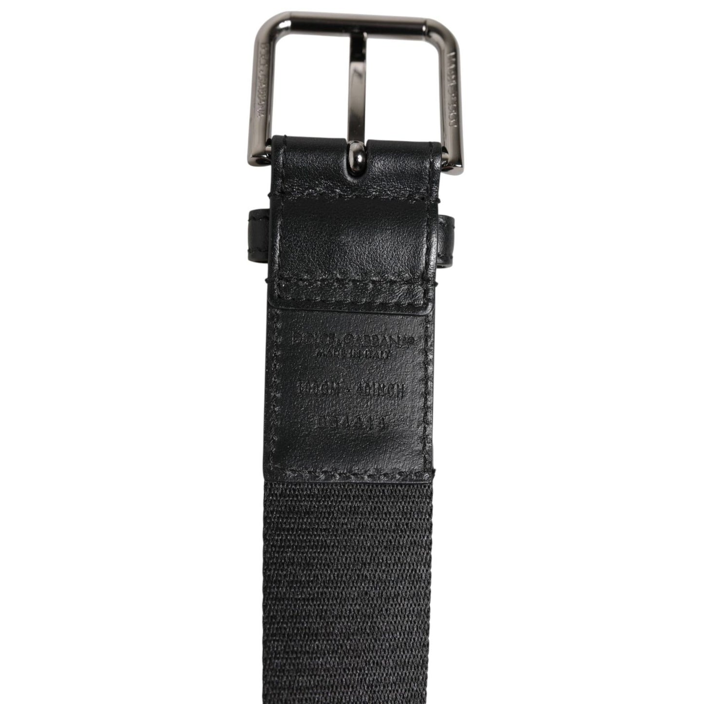 Dolce & Gabbana Black Blue DG Logo Silver Metal Buckle Belt, showing buckle detail and material texture.