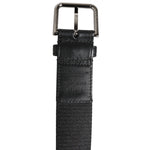 Dolce & Gabbana Black Blue DG Logo Silver Metal Buckle Belt, showing buckle detail and material texture.