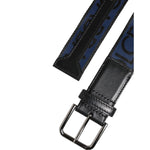 Dolce & Gabbana Black Blue DG Logo Silver Metal Buckle Belt with visible logo details and high-quality materials, showing metal buckle and leather trim.