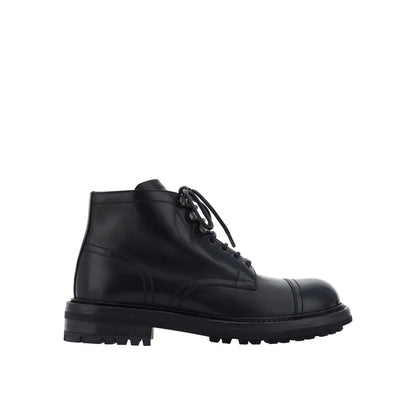 Dolce & Gabbana Black Calfskin Lace-Up Boots, men's round toe leather boot with front lace-up closure, side view
