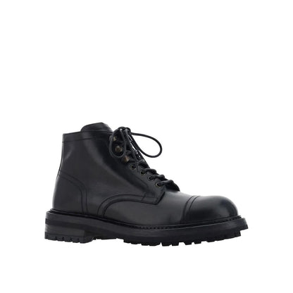 Dolce & Gabbana Black Calfskin Lace-Up Boots for men with leather insole and sole, round toe, and front lace-up closure, made in Italy.