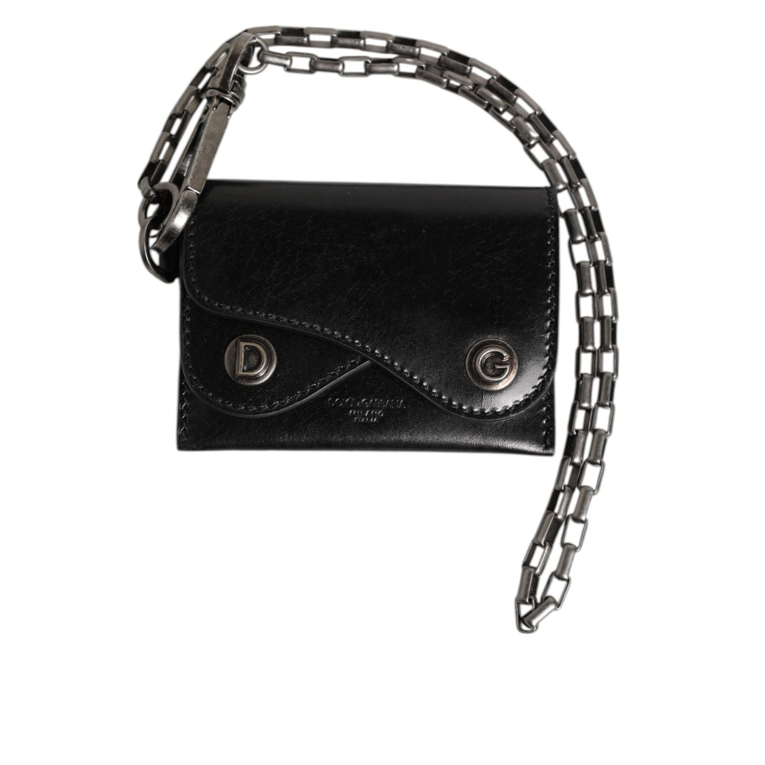 Dolce & Gabbana Black Cavallo Leather Wallet Chain Snap Bifold Card Holder