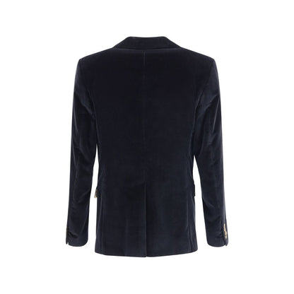 Back view of Dolce & Gabbana Black Cotton Blazer with velvet finish and rounded peak lapels, perfect for formal occasions.