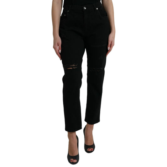 Dolce & Gabbana Black Cotton High Waist Tattered Denim Jeans