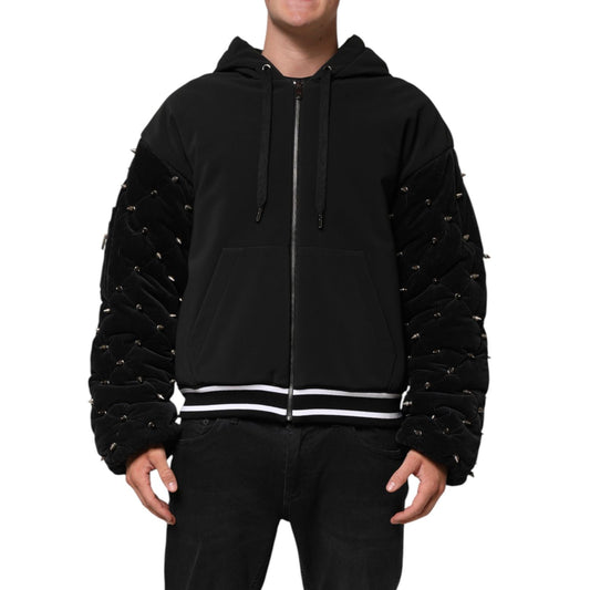 Dolce & Gabbana Black Cotton Quilted Studded Sleeve Hoodie Jacket with zipper closure and bold metallic stud embellishments