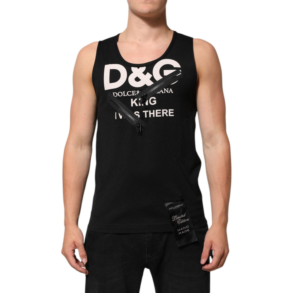Dolce & Gabbana Black Cotton Sleeveless Tank Top DG Logo Men T-shirt with zipper and "King Was There" print, front view.