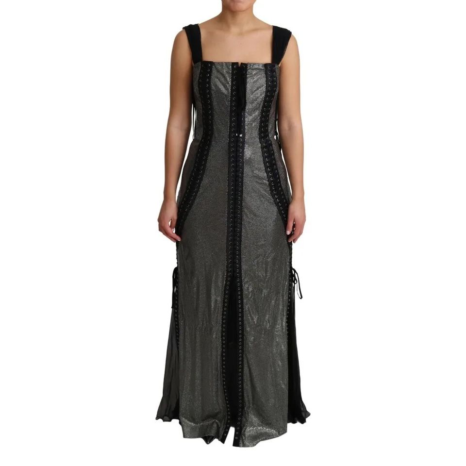 Dolce & Gabbana Black Crystals Lace Up Runway Gown Dress with crystal embellishments, black and grey color, silk lining, made in Italy.