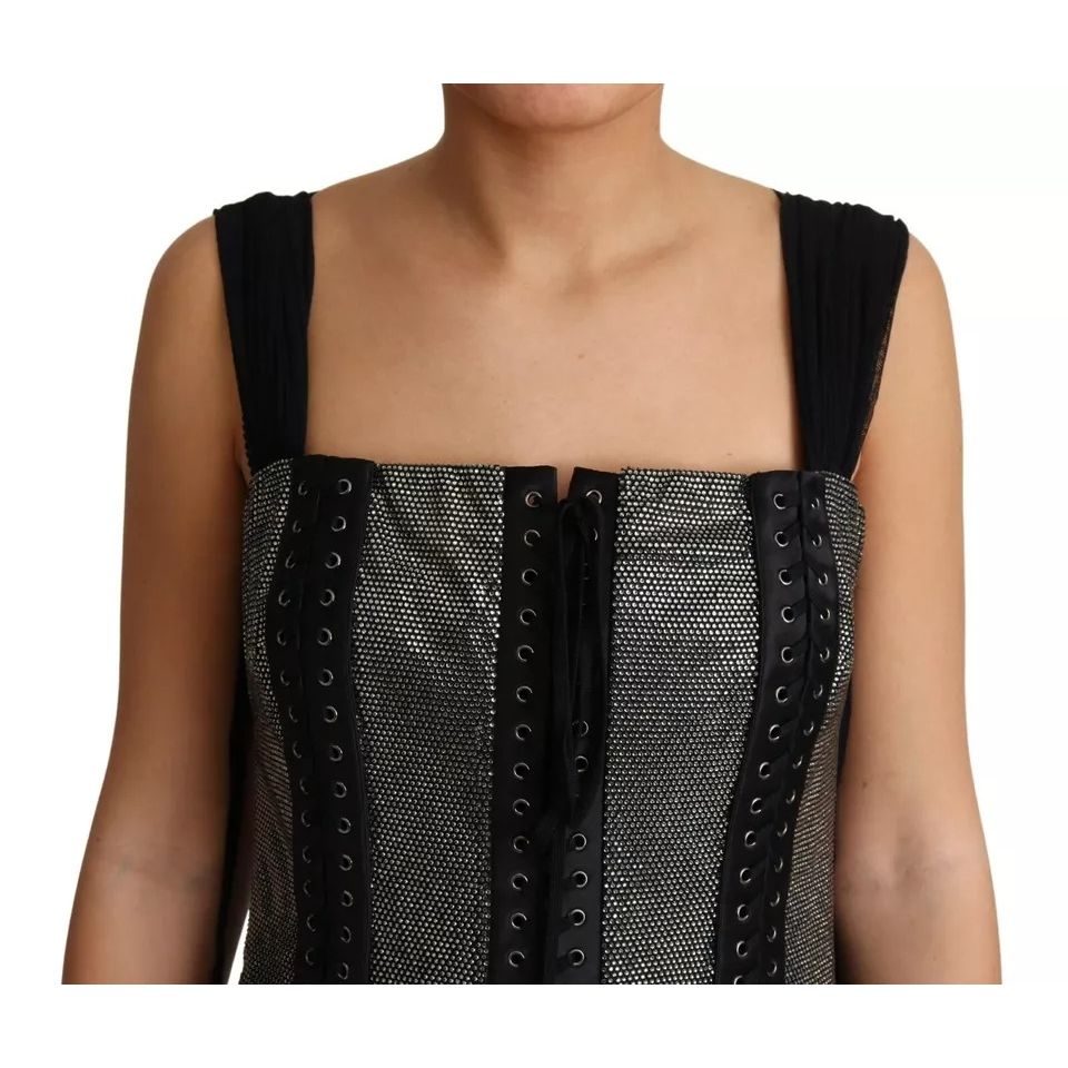 Dolce & Gabbana Black Crystals Lace Up Runway Gown Dress top detail showing crystal embellishments and black lace-up design.