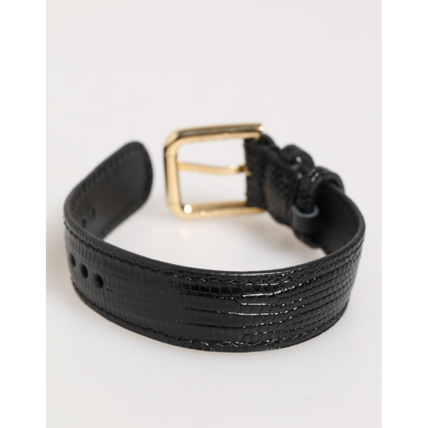 Dolce & Gabbana Black Embossed Leather Gold Buckle Belt Strap Bracelet, luxury accessory, black croc pattern, gold-tone buckle.