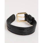 Dolce & Gabbana Black Embossed Leather Gold Buckle Belt Strap Bracelet, luxury accessory, black croc pattern, gold-tone buckle.