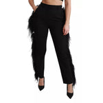 Dolce & Gabbana Black Feather Straight High Waist Pants with zipper closure, made of virgin wool, featuring logo details, photographed on model.