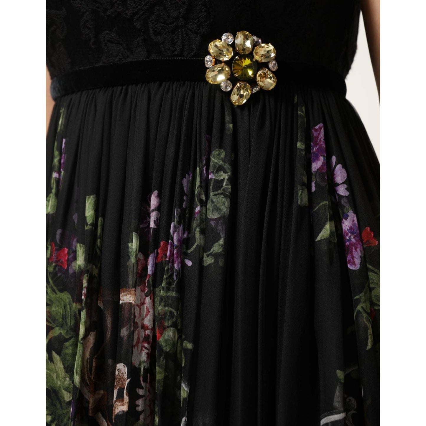 Dolce & Gabbana Black Floral Key Print Crystal Strapless Dress