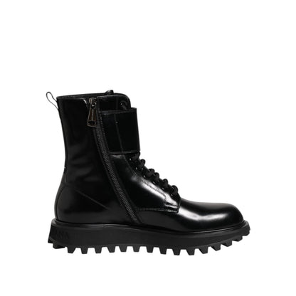 Dolce & Gabbana Black Leather Lace Up Mid Calf Boots Shoes with zipper and treaded sole, Italian craftsmanship, luxurious style.
