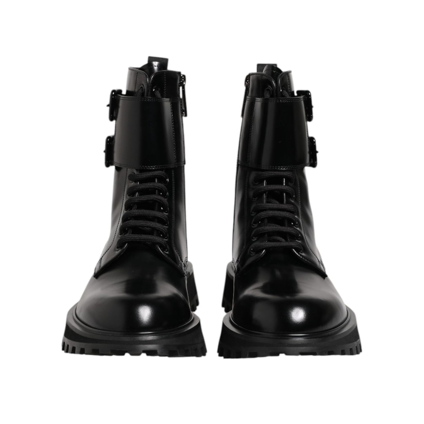 Dolce & Gabbana Black Leather Lace Up Mid Calf Boots Shoes, made with 100% calf leather, featuring lace-up closure and logo details.