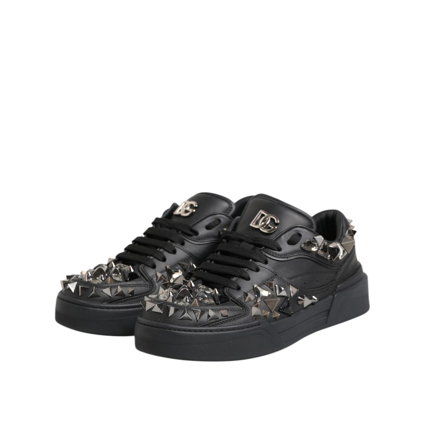 Dolce & Gabbana Black Leather Studded Low Top Sneakers Shoes