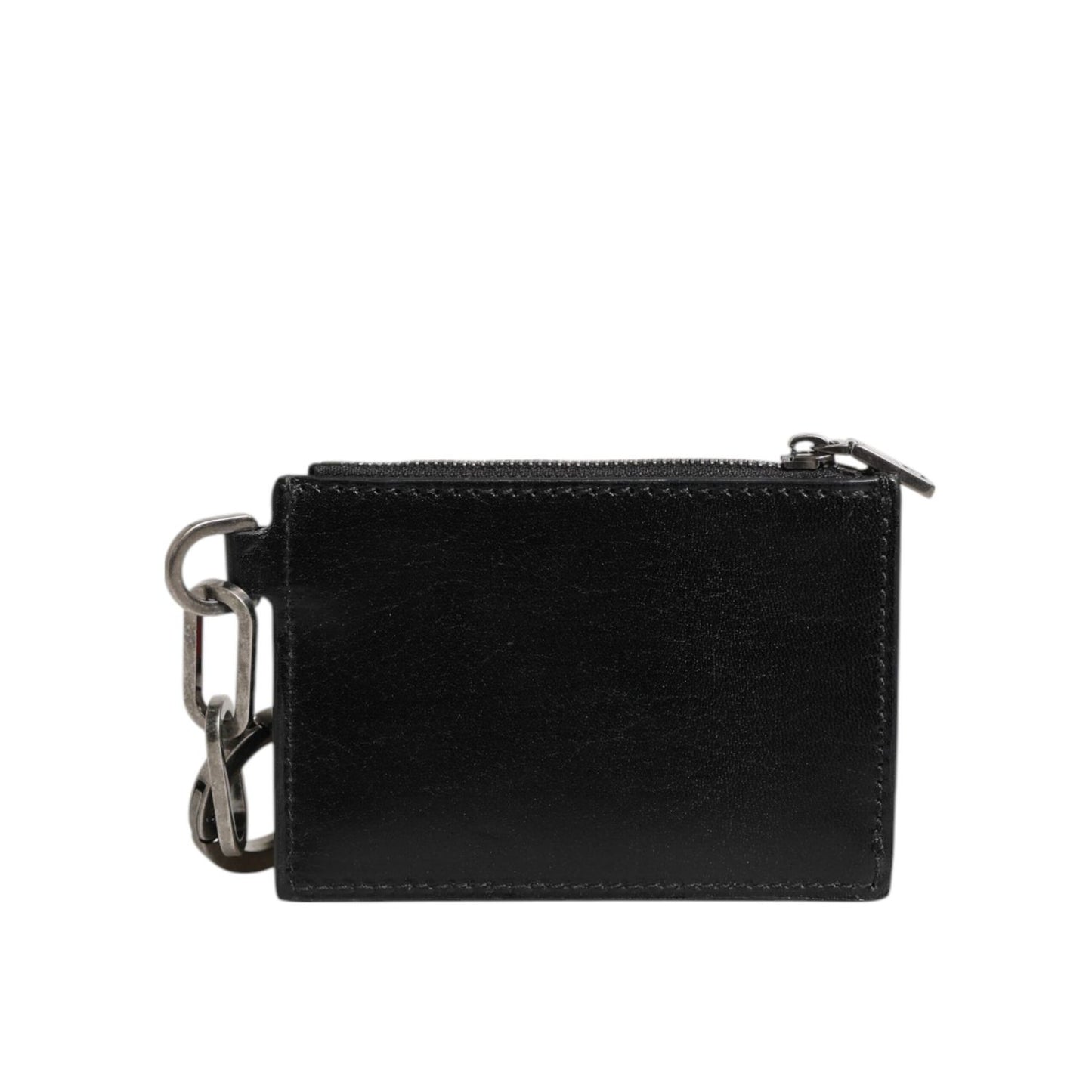 Dolce & Gabbana Black Leather Zip Logo Keyring Coin Purse Keyring Wallet with metal chain. Card slots visible. Minor zipper defect.