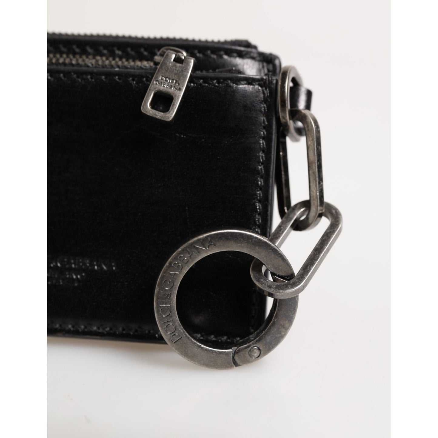 Dolce & Gabbana Black Leather Zip Logo Keyring Coin Purse Keyring Wallet with metal details and minor zipper defect