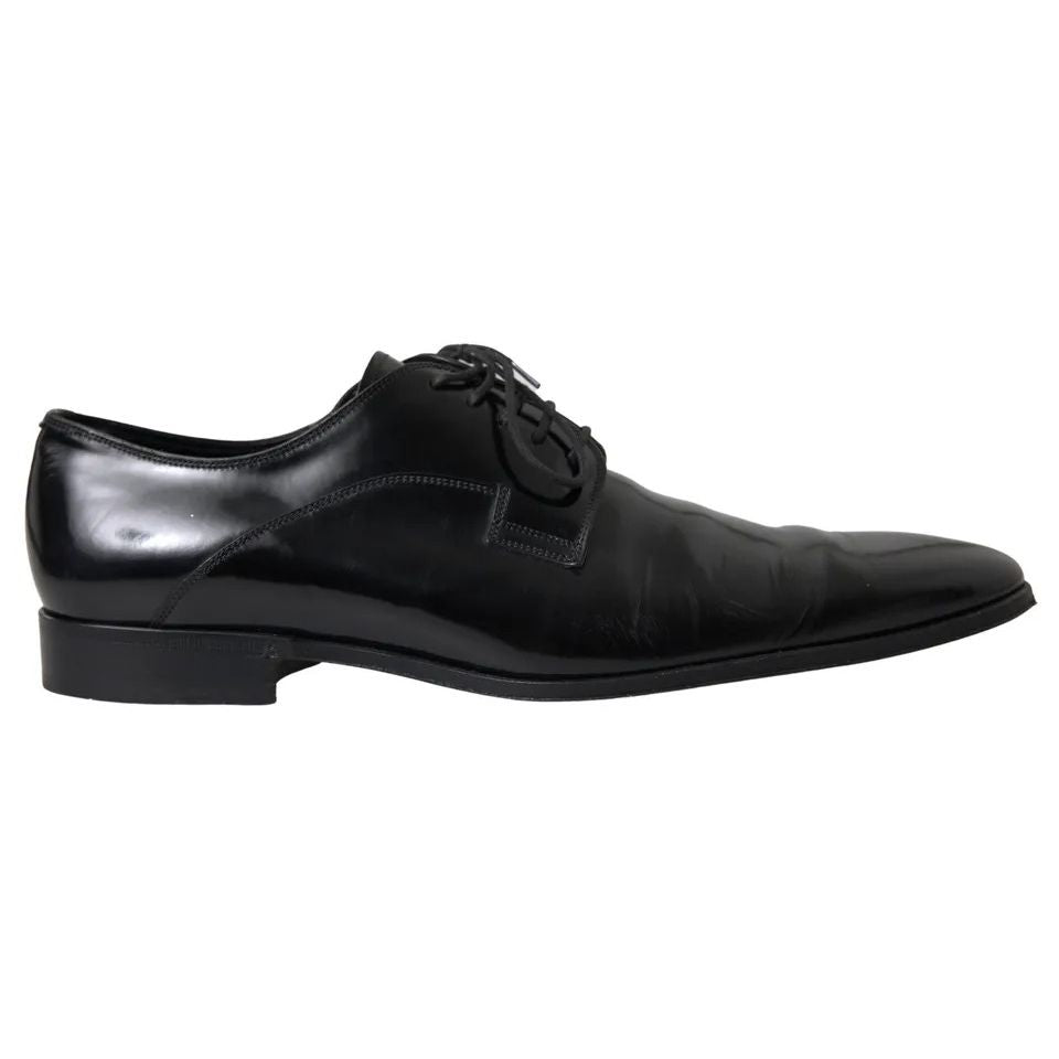 Dolce & Gabbana Black Polished Leather Formal Dress Shoes, luxury men's footwear with logo details, made in Italy.