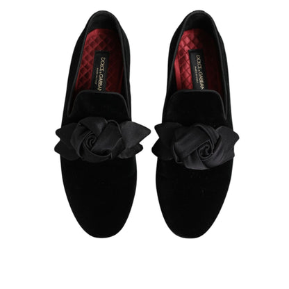 Dolce & Gabbana Black Suede Cotton Rose Slip On Loafers Shoes Dolce & Gabbana