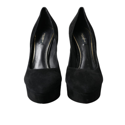 Dolce & Gabbana Black Suede Leather Platform Heel Pumps Shoes front view with high-quality finish and elegant design