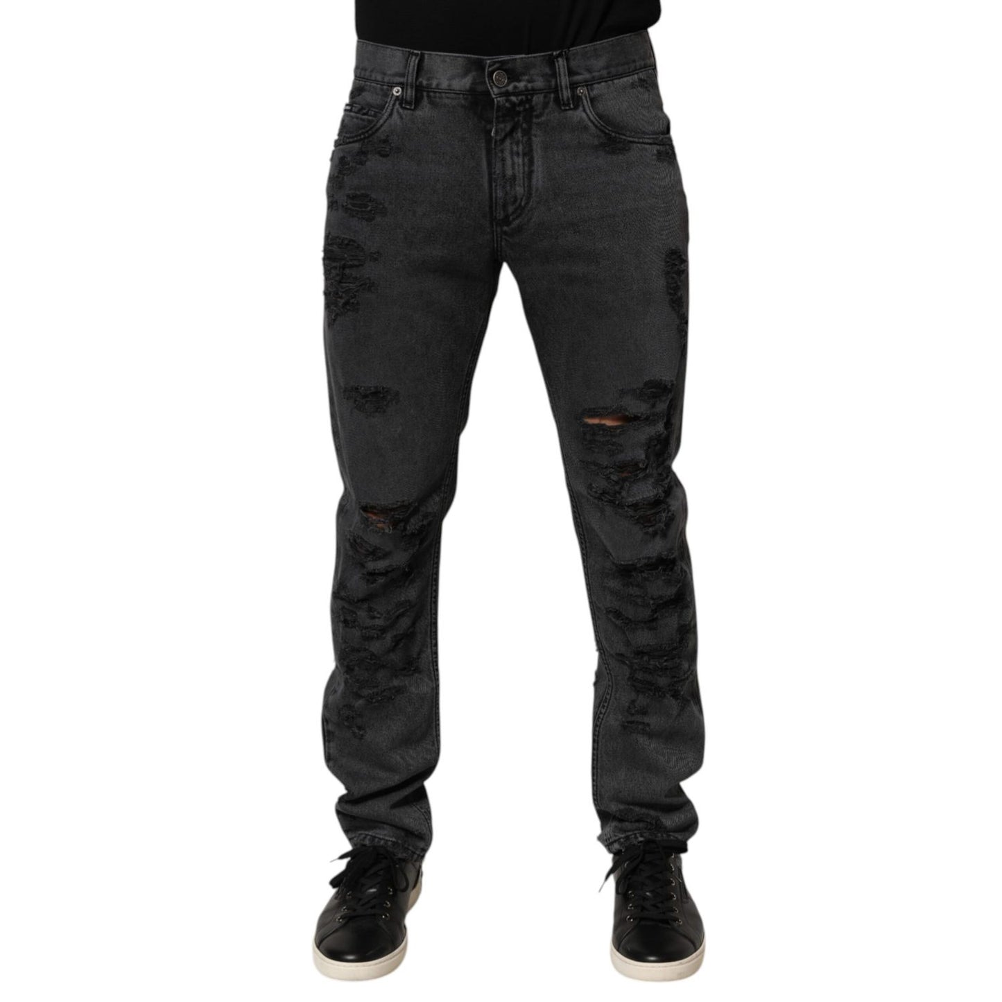 Dolce & Gabbana Black Tattered Skinny Cotton Men Denim Jeans