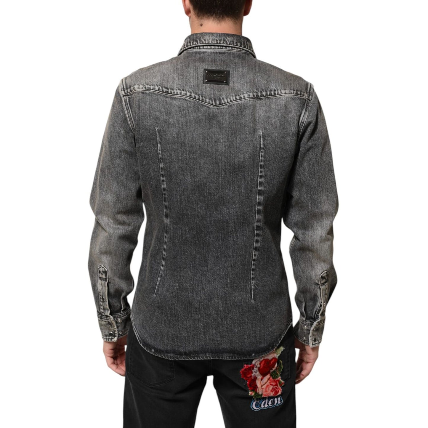 Dolce & Gabbana Black Washed Cotton Snap Long Sleeve Casual Shirt