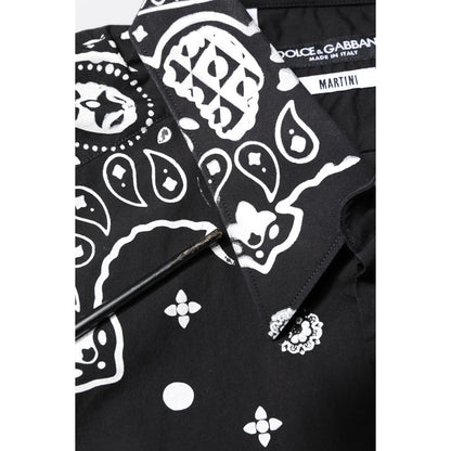 Dolce & Gabbana Black White Bandana MARTINI Casual Shirt detail with logo and intricate black and white design pattern, 100% cotton.