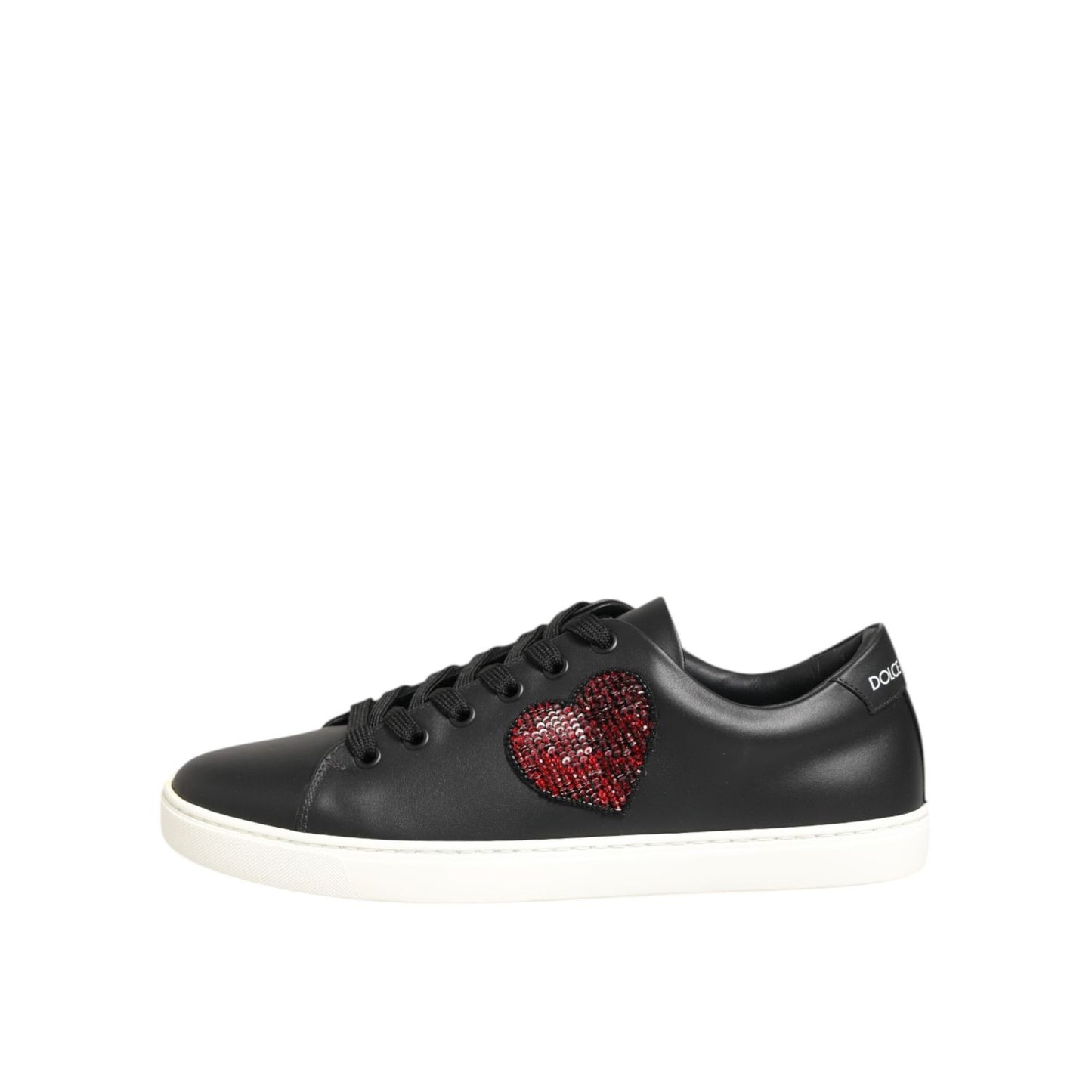 Dolce & Gabbana Black White Leather Crystal Heart Sneakers Shoes