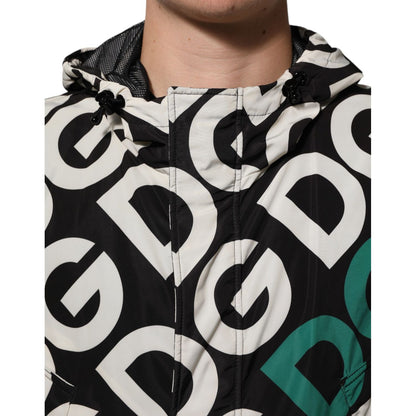 Dolce & Gabbana Black White Logo Print Hooded Coat Men Jacket