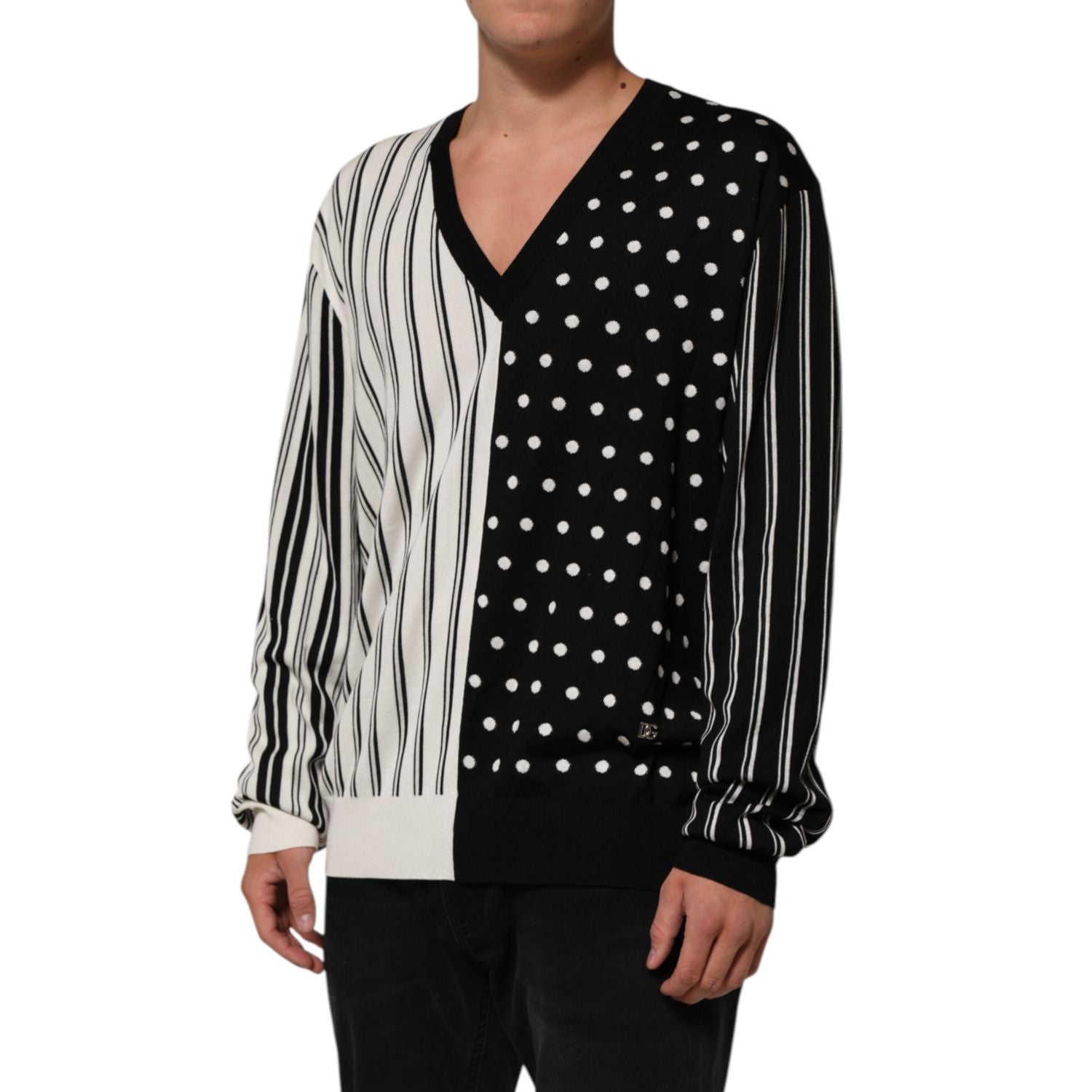 Dolce & Gabbana Black White Stripe Polka V-Neck Pullover Sweater