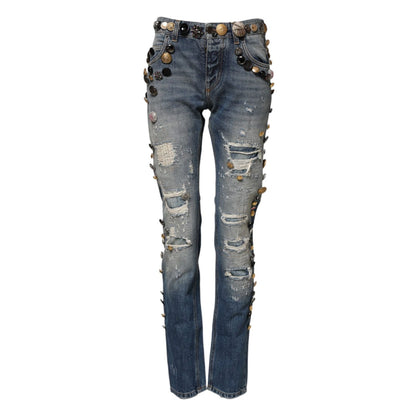 Dolce & Gabbana Blue Embellished Tattered SkinnyDenim Jeans