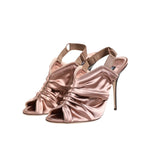 Dolce & Gabbana Bronze Satin Ruched Slingback Sandals Shoes with peep toe and stiletto heel, luxurious style for special occasions.
