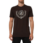 Dolce & Gabbana Brown Coin Laurel Print Men Crew Neck T-shirt on model, featuring short sleeves and intricate regal design, premium cotton.