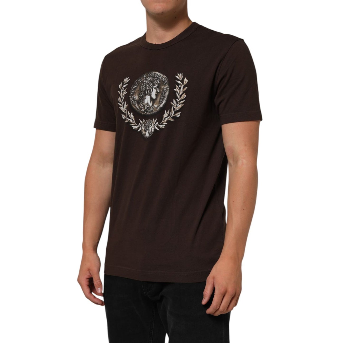 Dolce & Gabbana Brown Coin Laurel Print Men Crew Neck T-shirt on model, featuring short sleeves and premium cotton material.