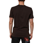 Back view of Dolce & Gabbana Brown Coin Laurel Print Men Crew Neck T-shirt in premium cotton with logo details, worn by male model.