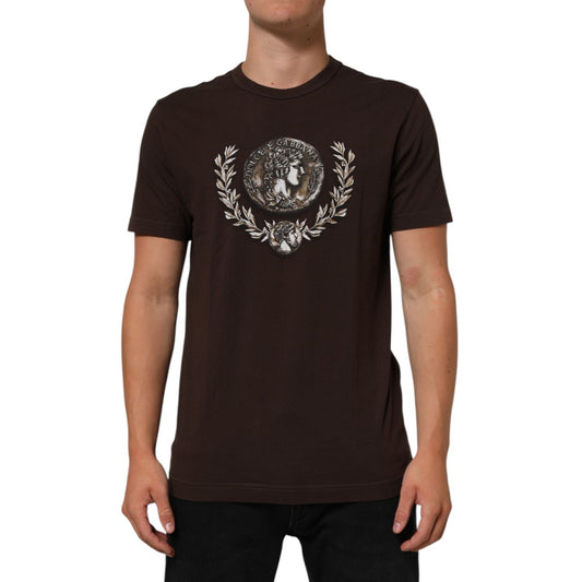 Dolce & Gabbana Brown Coin Laurel Print Men Crew Neck T-shirt featuring a classic design worn by model.