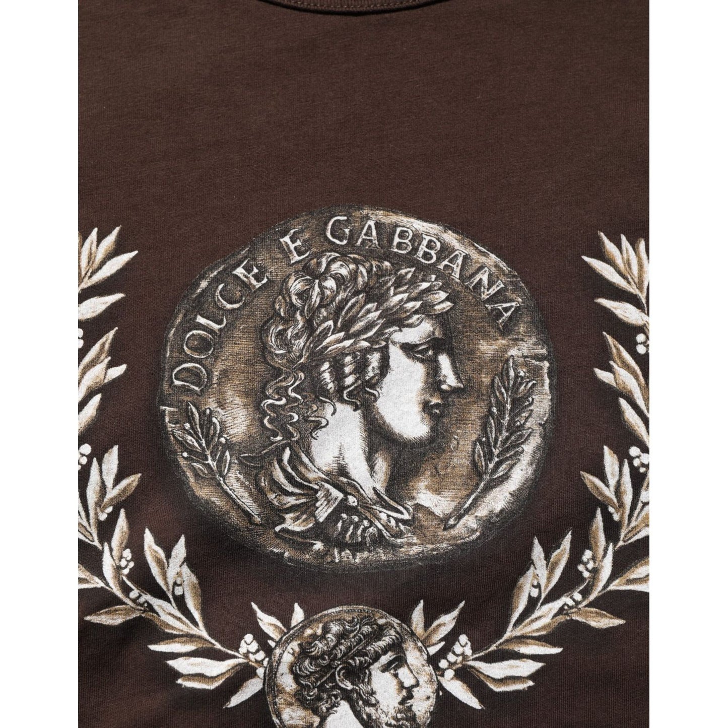 Dolce & Gabbana Brown Coin Laurel Print Men Crew Neck T-shirt with intricate regal coin and laurel design on premium cotton fabric.